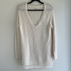 KNITTED & KNOTTED | Anthropologie White V-Neck Sweater With Lace Detail
